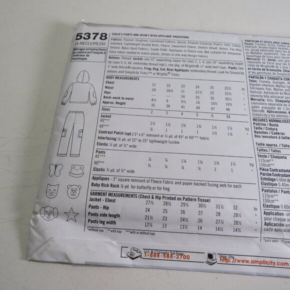 Simplicity 5378 Clothing Pattern Jacket Coat Snow Pants 2 - 6X UNCUT - Picture 7 of 8